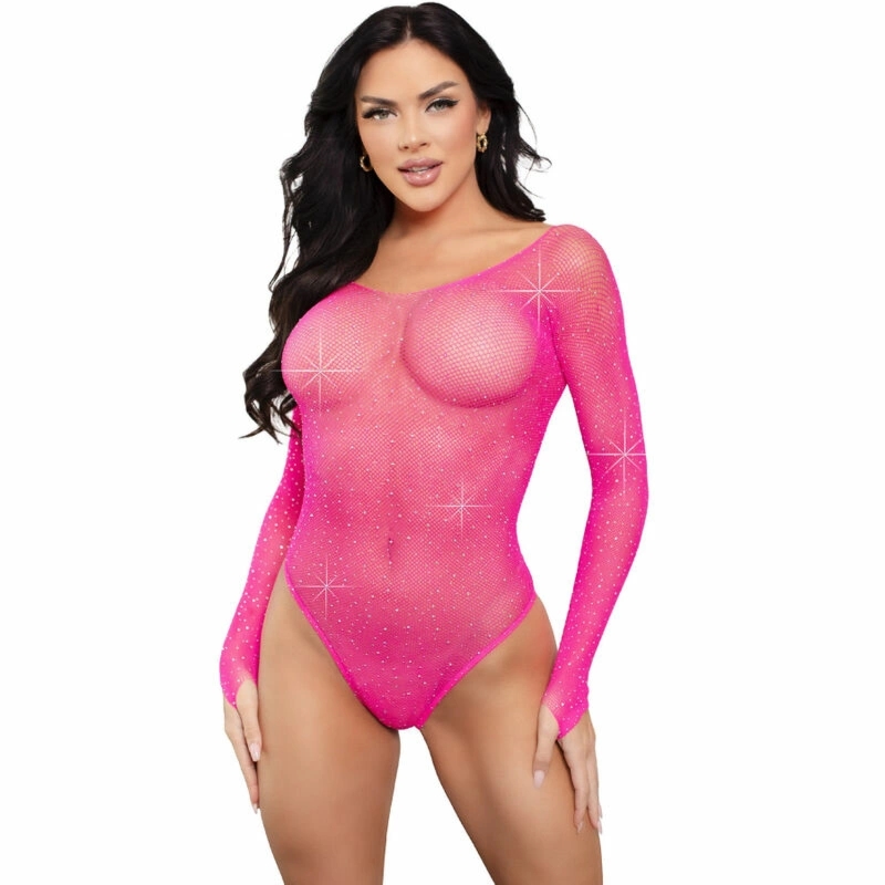 Leg Avenue Body Kryształowe Fuksja z długim rękawem – siateczkowy model z zatrzaskiem One Size
