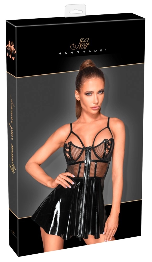 Noir Handmade mini sukienka M błyszcząca, półprzezroczysta góra z haftem, zamek, fiszbiny