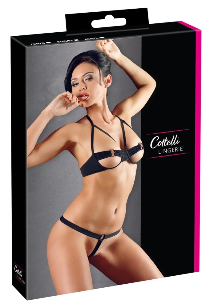 Cottelli Collection zestaw bielizny otwarty biustonosz i stringi czarny 85B/L, pierścienie