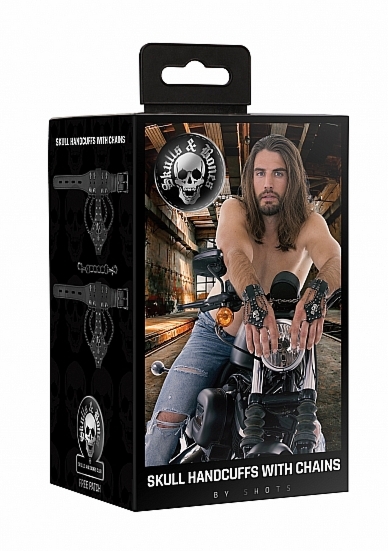Kajdanki z Czaszkami Skóra ekologiczna - Ouch! Skulls and Bones - Handcuffs with Skulls and Chains - Blac