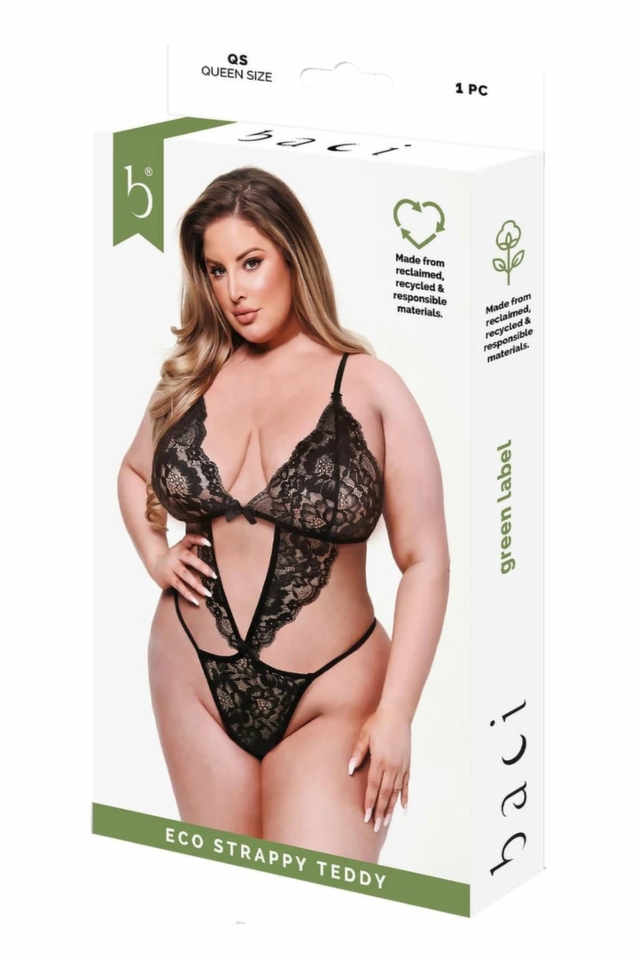 Baci Eco Strappy Teddy Black QS – ekologiczne body z paskami, czarne, Queen Size, recykling