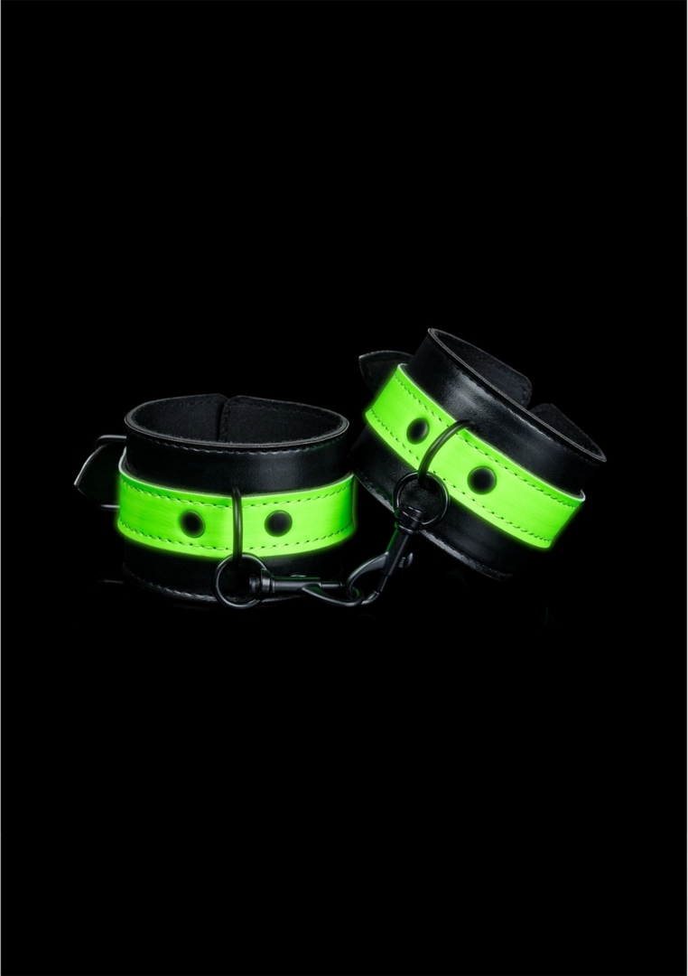 Ouch! Glow in the Dark – kajdanki rękawy fluorescencyjne, regulowane, czarne z zielonymi detalami
