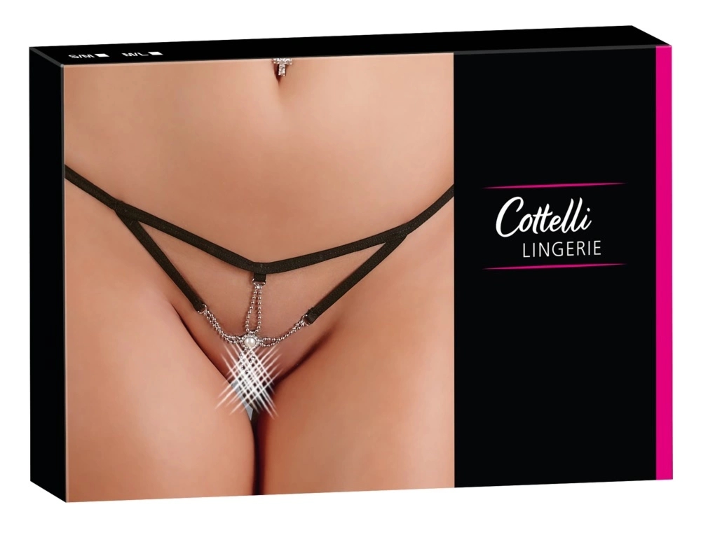 Cottelli Collection Stringi Strappy M/L czarne z biżuteryjnymi srebrnymi ozdobami