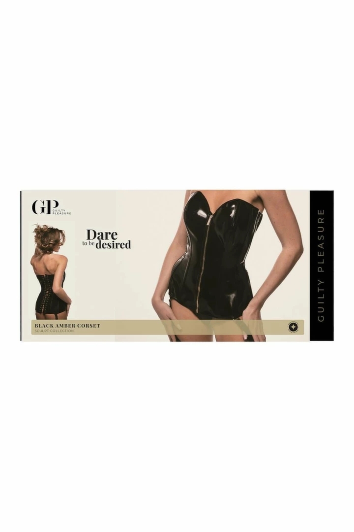 GUILTY PLEASURE Black Amber Corset S – gorset Datex, złoty zamek, sznurowanie i odpinane ramiączka