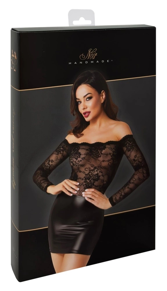 Noir Orgia Exclusive Mini Sukienka Czarna M z Koronką i Powerwetlook, Długi Rękaw