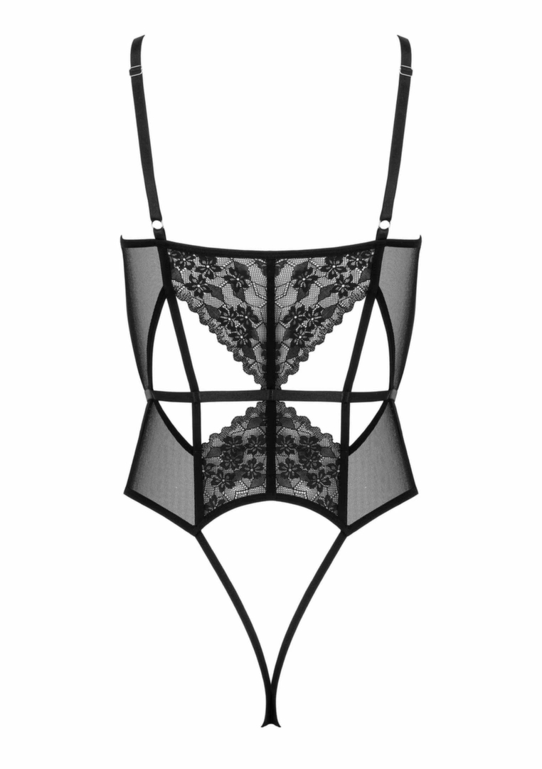 Body BD107 eleganckie koronkowe z tiulem, wycięcia diamentowe, czarne