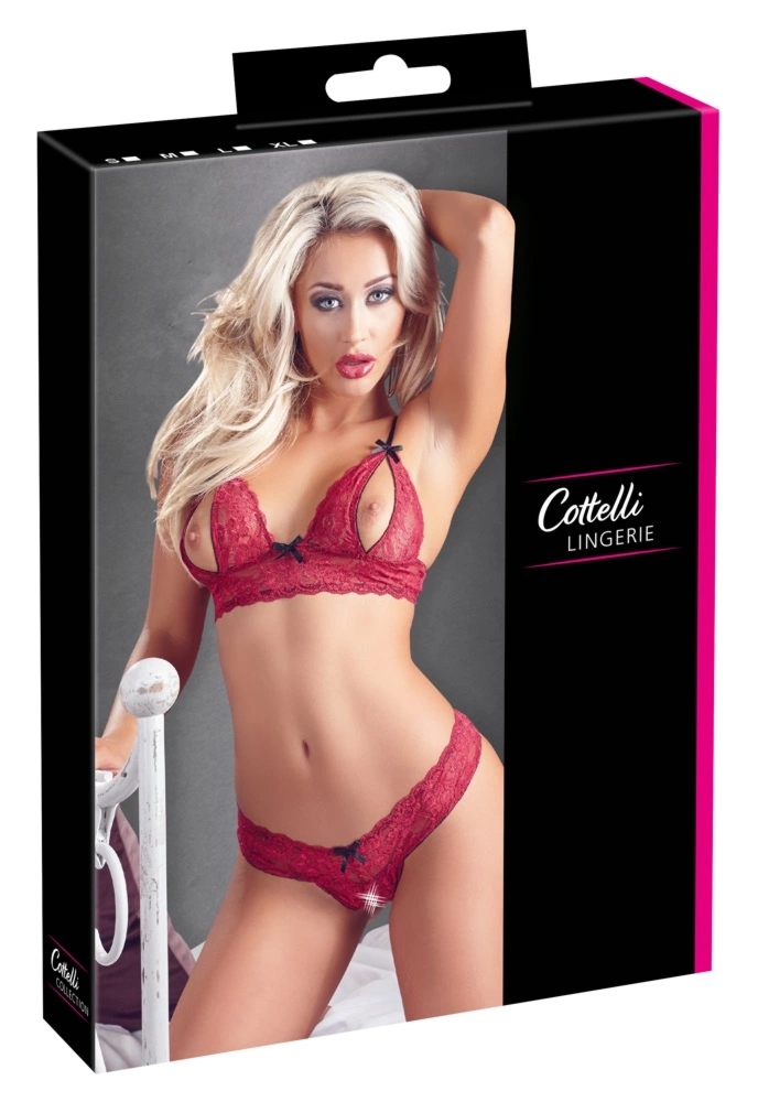 Cottelli Lingerie komplet koronkowy czerwony S, otwarty fason i kokardki, regulowane ramiączka