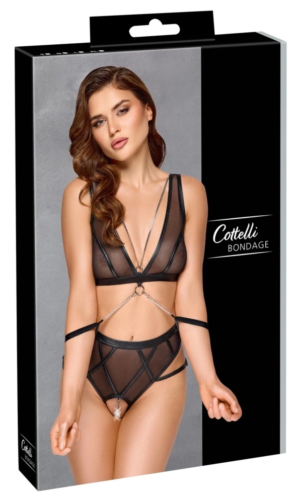 Cottelli Collection Bondage Komplet Czarny 3-częściowy S z Łańcuszkami i Mankietami