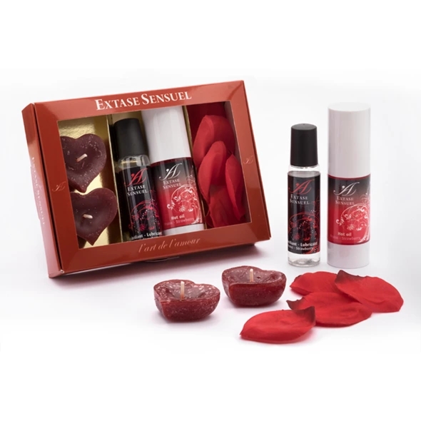 Extase Sensuel Coffret Tentation Rouge – zestaw z olejkiem truskawkowym, lubrykantem i płatkami róż