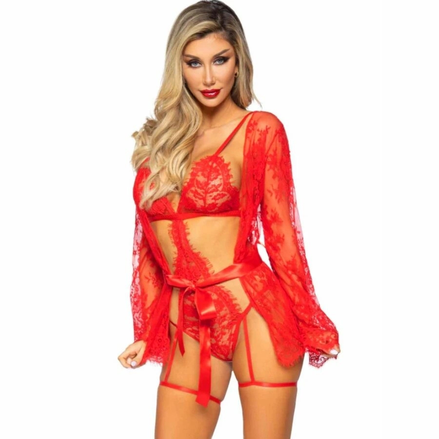 Leg Avenue 86123 Komplet Body Teddy i Szlafrok z Podwiązkami Czerwony M, regulacja