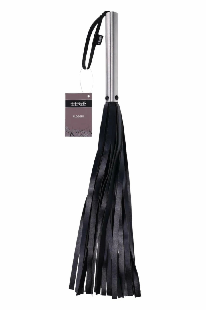 SPORTSHEETS EDGE FLOGGER czarny bat z metalowym uchwytem, 30 pasków, syntetyczna skóra
