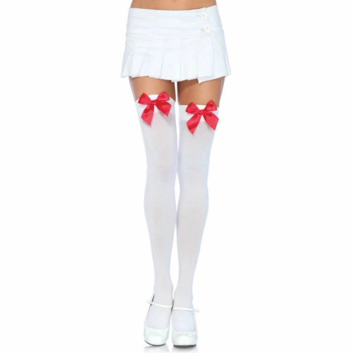 Leg Avenue podkolanówki biało-czerwone z kokardką, one size, 100% nylon