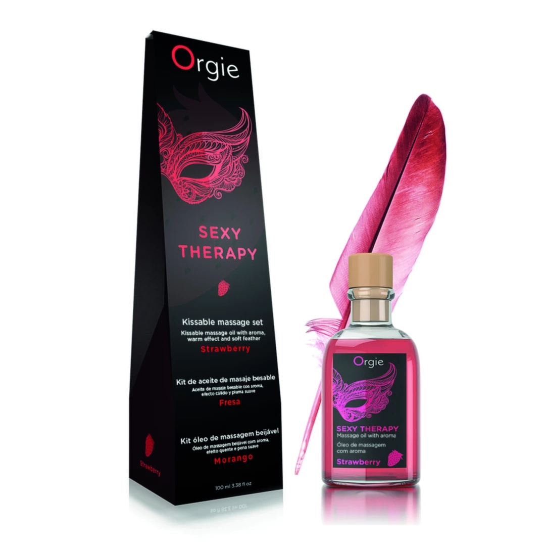 Orgie Zestaw do masażu ust Strawberry – Olejek 100ml, piórko, przewodnik, aromat truskawkowy