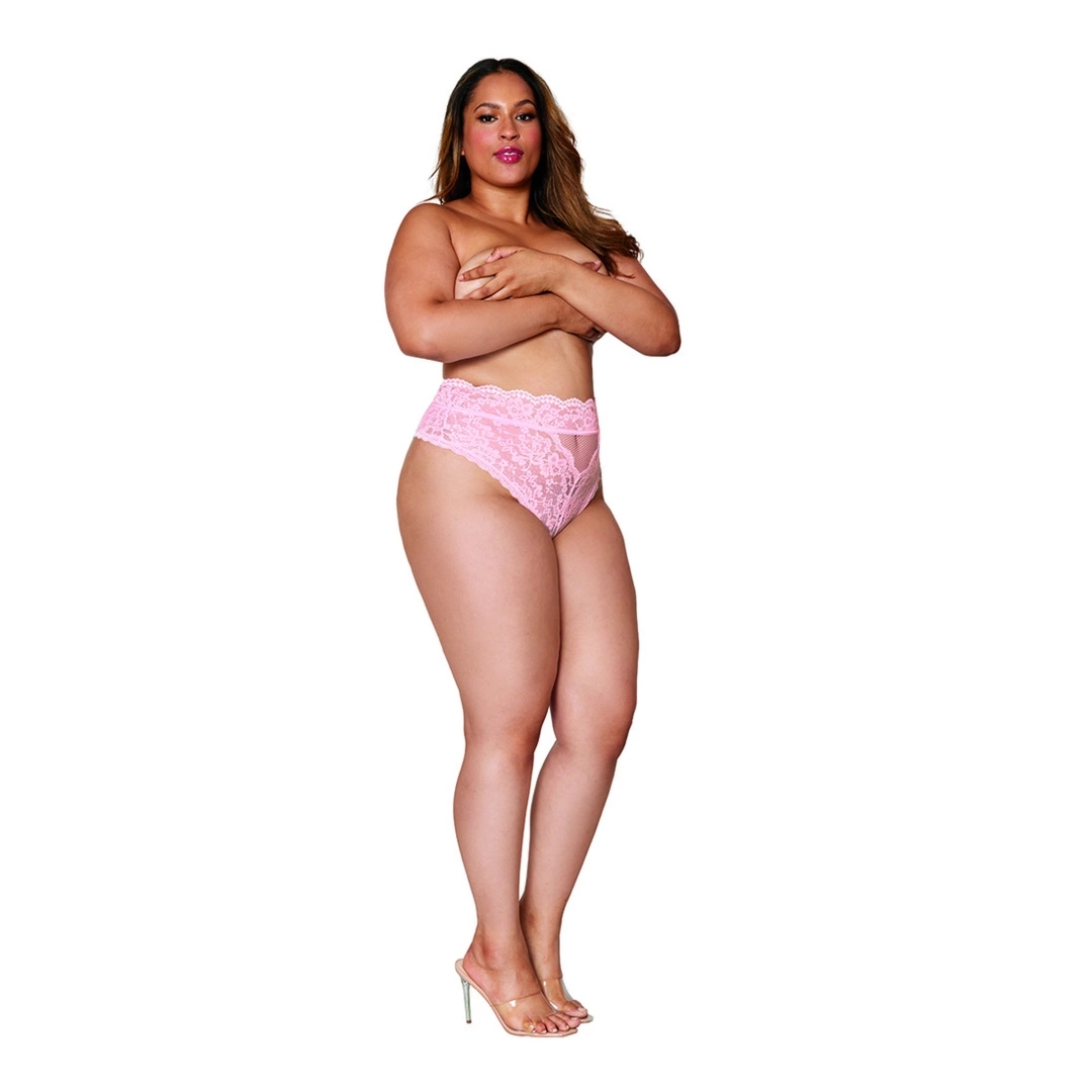 Rene Rofe High Waisted Lace Panty 1X różowe, ażurowe wykończenie i wycięcie z tyłu