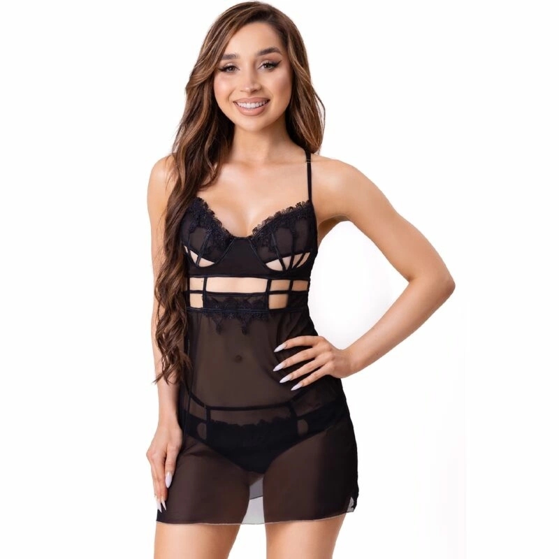 Livco Corsetti Maia 20247 czarna koszulka babydoll + stringi, transparentna, S/M