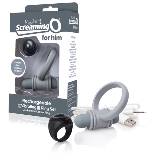 Sexshop - The Screaming O Charged Remote Control Bullet and Ring for Him Szary - Pierścień erekcyjny do stymulacji krocza, z pilotem - online