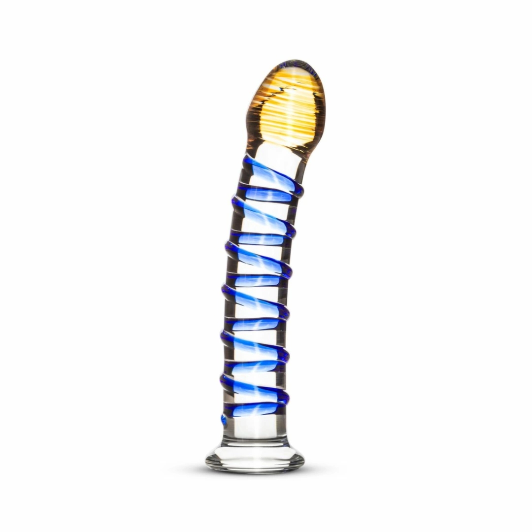 EasyToys Szklany model intymny No.1, 18 cm, niebieskie wypustki, borokrzemowe szkło, płaska podstawa