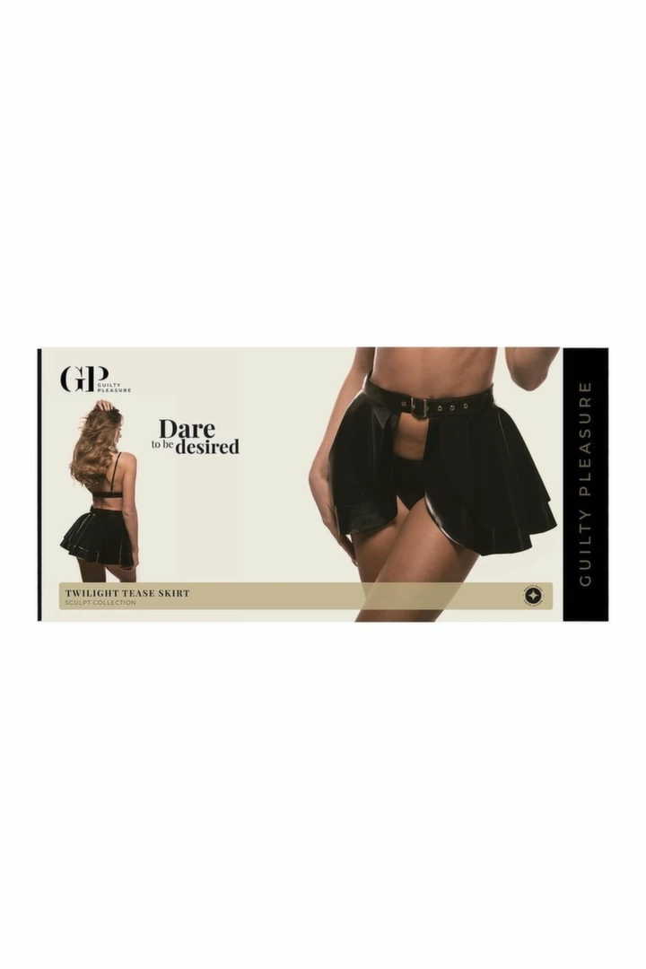 GUILTY PLEASURE Twilight Tease Skirt czarna XL – rozkloszowana spódnica Datex, klamra, otwarty przód