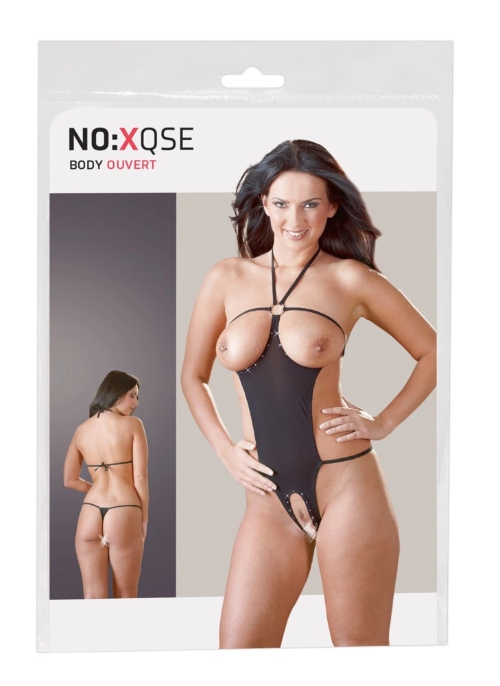 NO:XQSE Body Damskie z Ozdobnymi Dżetami Czarny S-L, otwarta konstrukcja i wiązanie na szyi