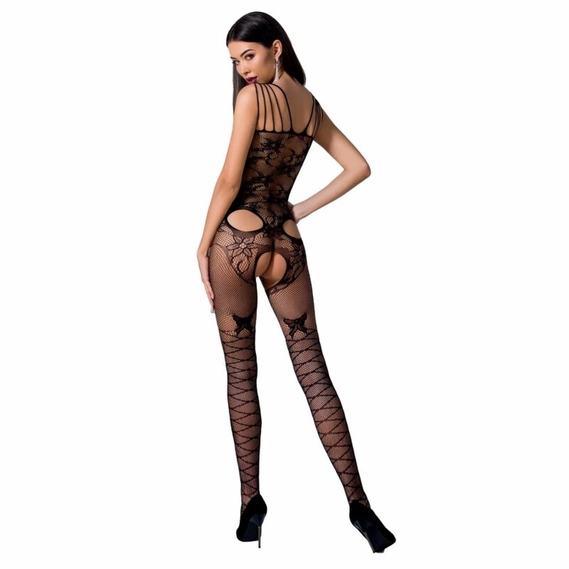Passion BS076 Bodystocking damski czarny, koronkowa siateczka, uniwersalny rozmiar, anatomiczny krój
