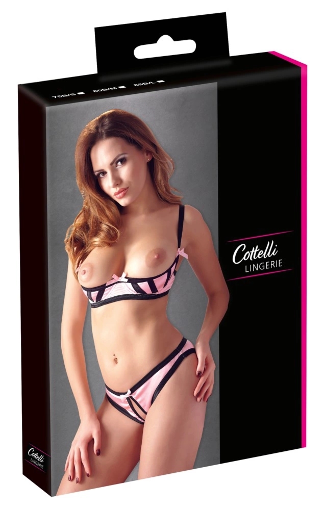 Cottelli Lingerie satynowy komplet różowy 85B/L bez miseczek z otwartymi figami