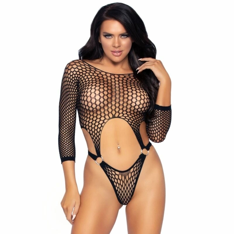 Leg Avenue Body z długim rękawem, O-Ring, wycięcie na plecach, stringi, czarny, uniwersalny