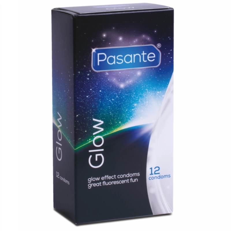 Pasante Glow 12 sztuk – prezerwatywy świecące po naświetleniu, gładkie, 53 mm