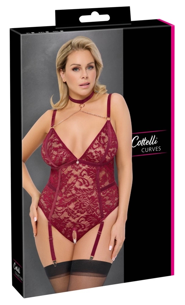 Cottelli Curves Body Koronkowe Czerwone 2XL z Regulowanymi Paskami i Ozdobnym Pierścieniem