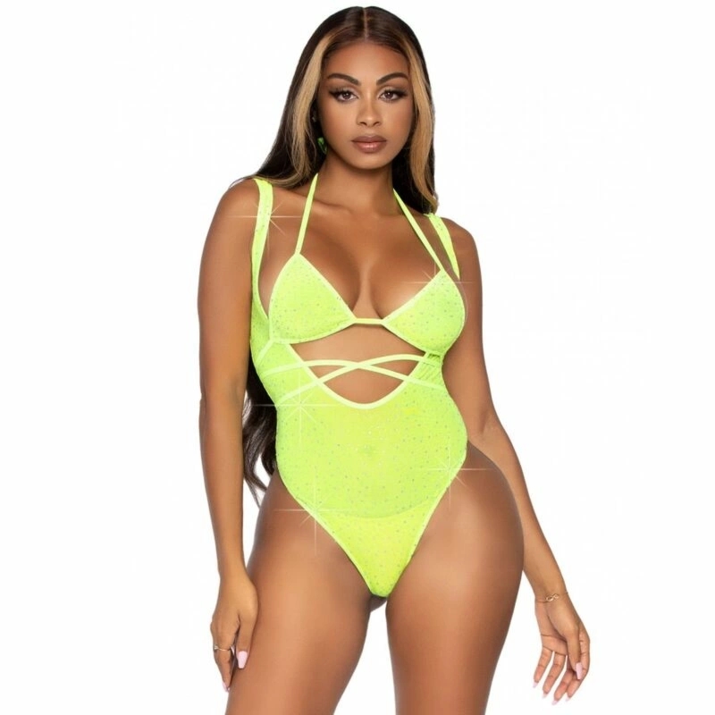 Leg Avenue komplet bikini i body z kryształkami, siateczka, czarny, uniwersalny rozmiar