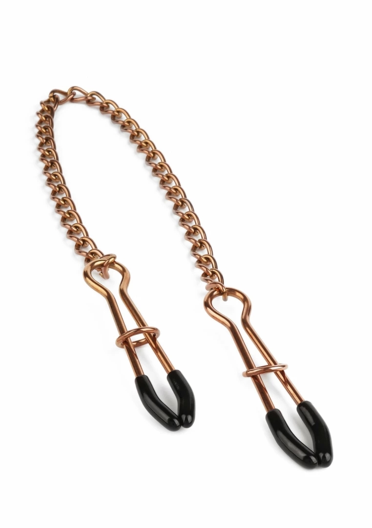 Mr. Steel Tweezer Nipple Clamps Gold złote klamry z regulacją nacisku i łańcuszkiem, silikonowe końcówki