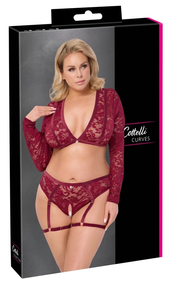 Cottelli Curves komplet koronkowy czerwony 3XL z topem, majtkami i regulowanymi paskami