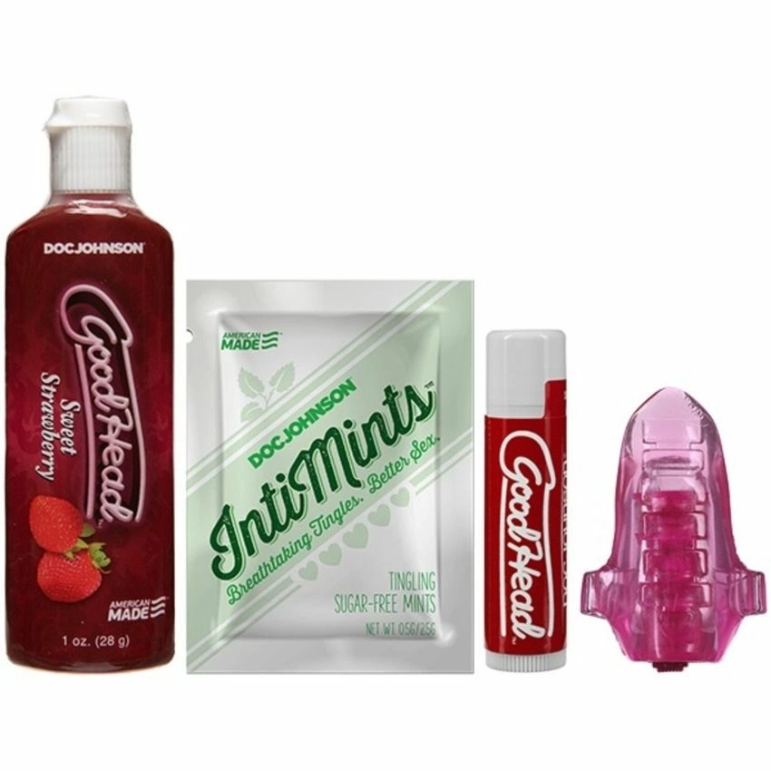 Doc Johnson GoodHead Zestaw Lick It Truskawkowy – pielęgnacja ust, żel, balsam, pierścień wibrujący