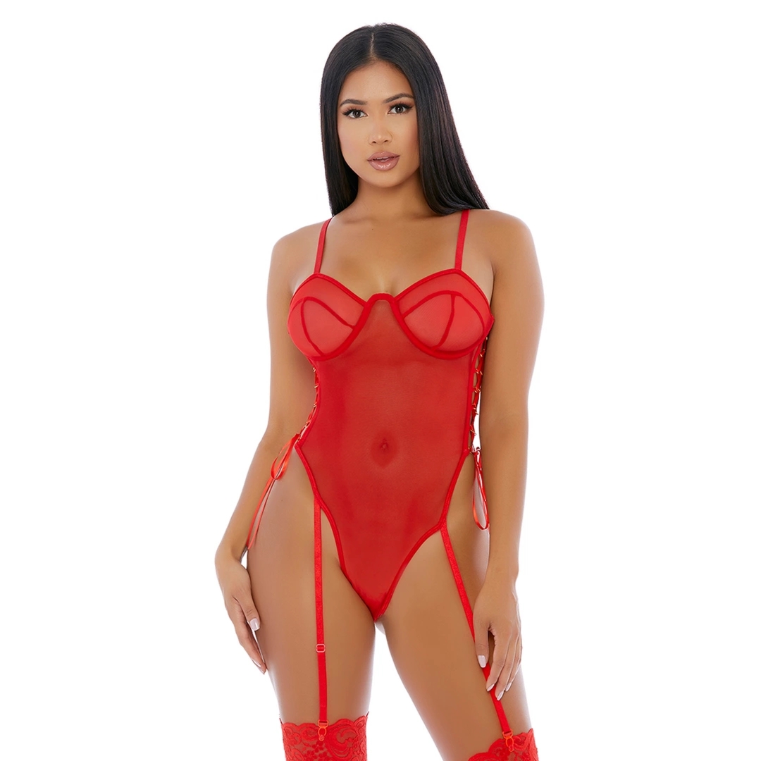 Forplay Make it Ring Body S z transparentnej siateczki, złote o-ringi, paski do pończoch