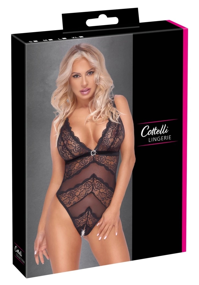 Cottelli Lingerie Body Czarny XL Bez Krocza z Kwiatową Koronką, regulowane zapięcie i aksamitna opaska