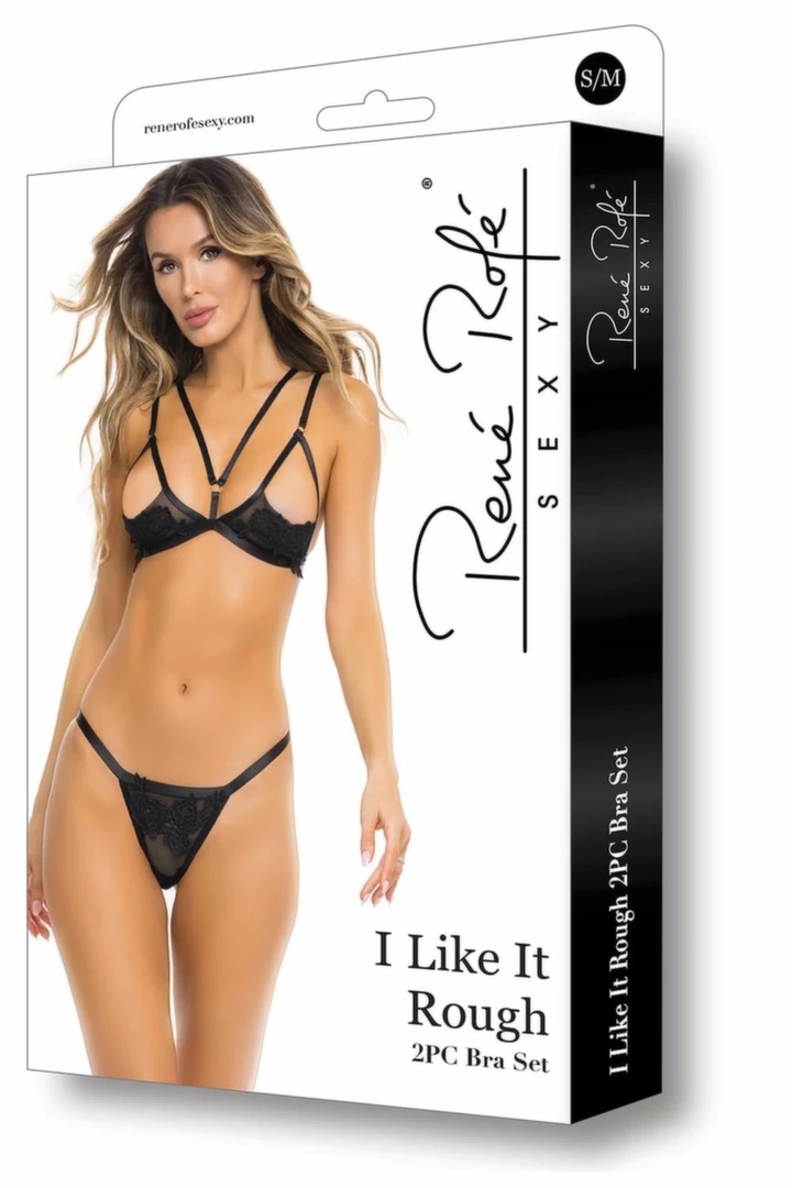 I LIKE IT ROUGH 2PC BRA SET BLACK M/L, komplet biustonosz i figi czarny, kwiatowe aplikacje