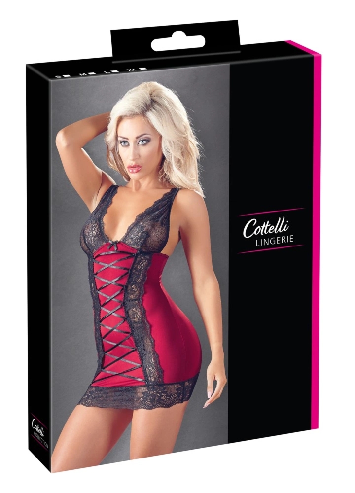 Cottelli Collection Sukienka Czerwona z Czarną Koronką S Regulowane Paski i Sznurowanie