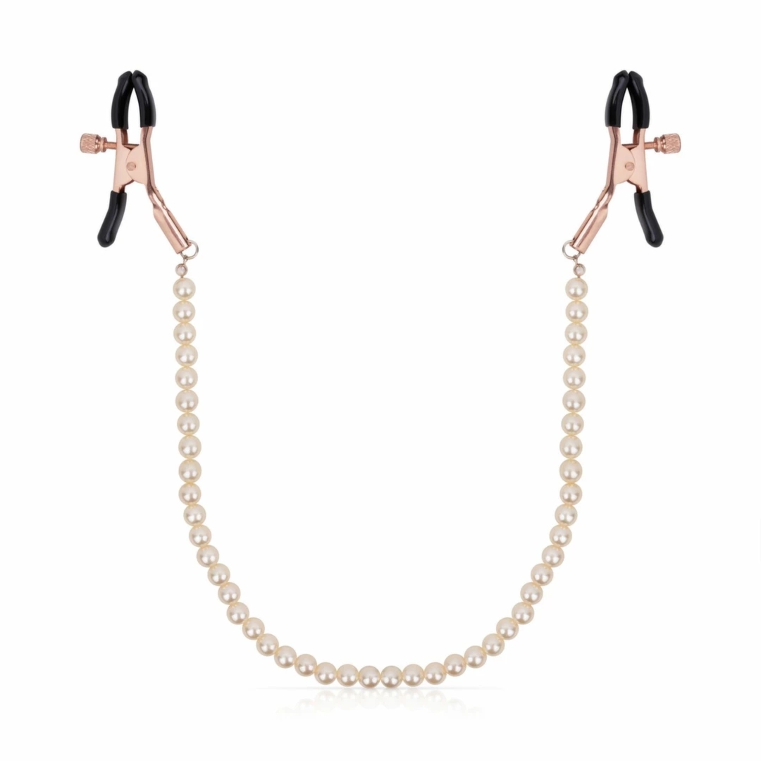Rosy Gold Pearls – regulowane klamry z ozdobnym łańcuszkiem, stal nierdzewna, miękkie końcówki