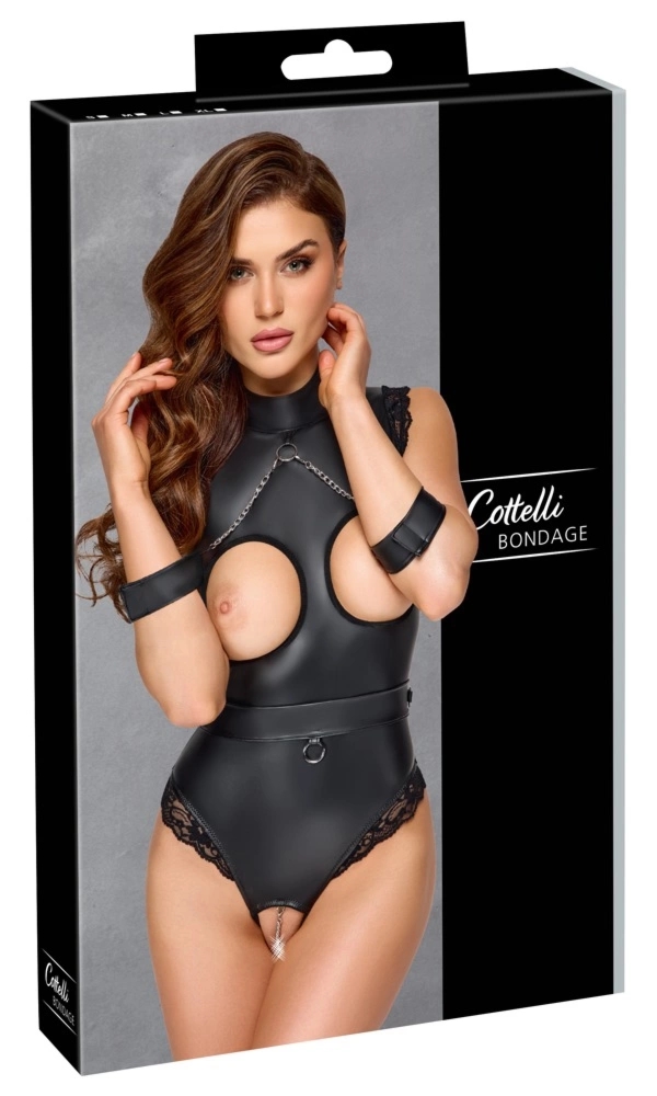 Cottelli Collection Bondage body L, matowe, czarne, wycięcia, mankiety, zamek