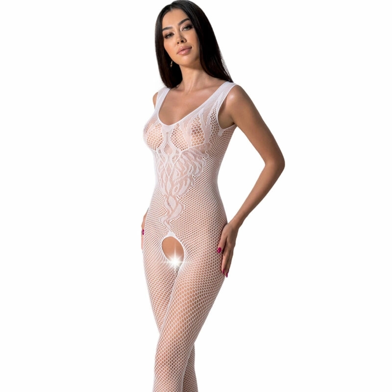 PASSION BS098 bodystocking biały, elastyczny siateczkowy materiał, jeden rozmiar