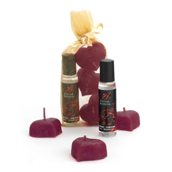 Extase Sensuel Naughty Kit Silk Nights – zestaw 3 świec i lubrykantu truskawkowego w złotym woreczku