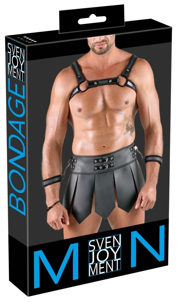 Svenjoyment Bondage Zestaw Gladiatora 2XL – spódniczka, uprząż czarna, mankiety, sznurowanie
