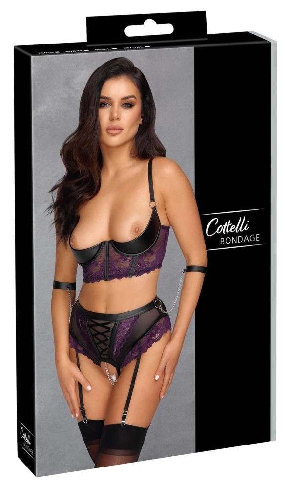 Cottelli Bondage komplet koronkowy fioletowy longline 75B/S z kajdankami i paskami do pończoch
