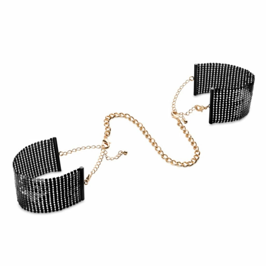Bijoux Indiscrets Desir Metallique Cuffs Black – czarne stalowe bransoletki z łańcuszkiem, regulowane kajdanki