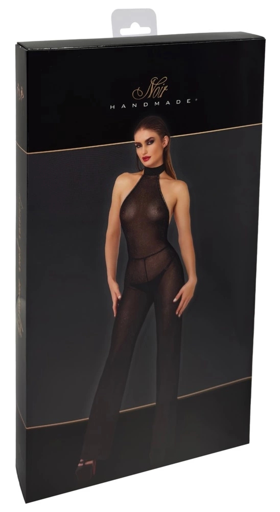 Noir Handmade Jumpsuit M Czarny Połyskujący z wycięciami cold shoulder i ozdobnymi kamieniami