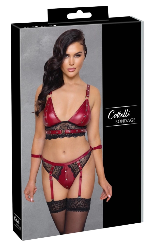 Cottelli Collection Bondage L – czerwony zestaw koronkowy z regulacją i paskami na kostki