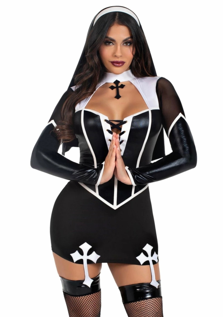 Leg Avenue Holy Hottie Dress dwuczęściowy kostium zakonnicy z krzyżem i welonem