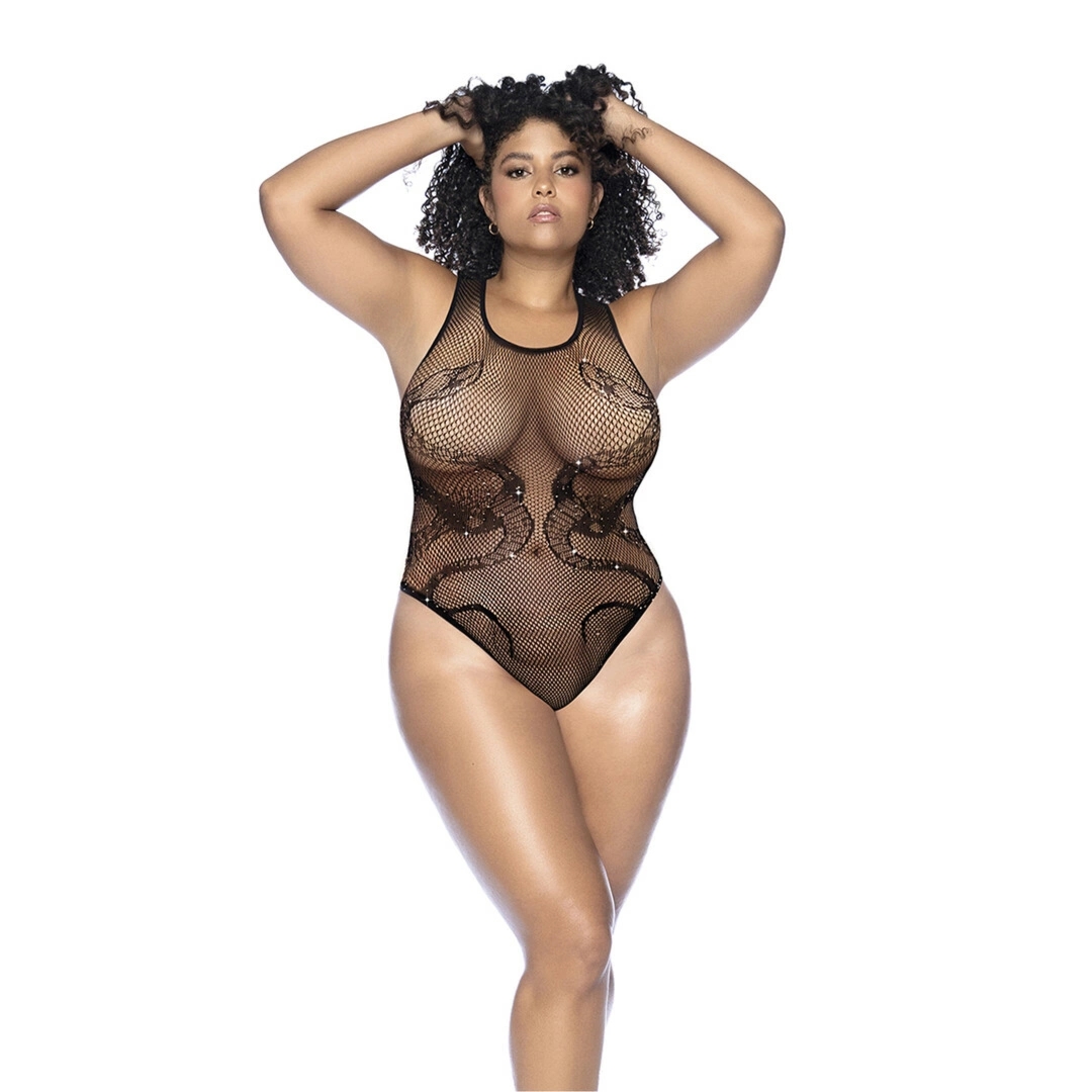 Mapele Snake Fishnet Body z Cyrkoniami Queen Size Czarny otwarta konstrukcja
