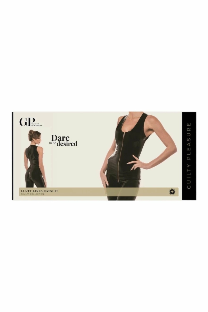 Guilty Pleasure Lusty Lines Catsuit Black XL – kombinezon Datex, bez rękawów, złoty zamek z przodu