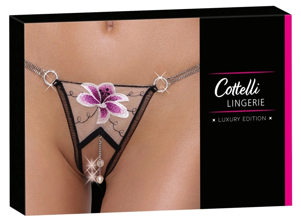 Cottelli LINGERIE Stringi open crotch M/L czarna siateczka z haftem i perłowymi łańcuszkami