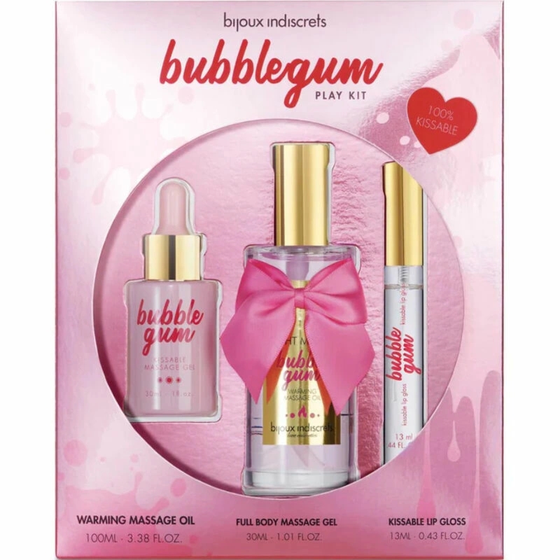 Bijoux Indiscrets Bubblegum – zestaw pielęgnacyjny z olejkiem, żelem i błyszczykiem o aromacie gumy balonowej